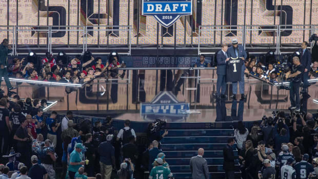 Apr 26, 2018; Arlington, TX, USA; NFL commissioner Roger Godell announces the pick of Texas-San Antonio defensive end Marcus Davenport by the New Orleans Saints during the 2018 NFL Draft at AT&T Stadium. Mandatory Credit: Jerome Miron-USA TODAY Sports